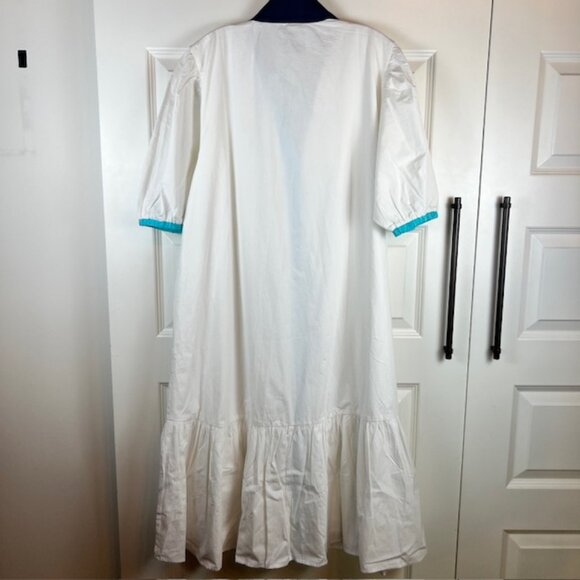 ADDISON BAY ISLE DRESS 100% Poplin Cotton White Blue Pipping Drop Waist Midi L - Picture 5 of 10